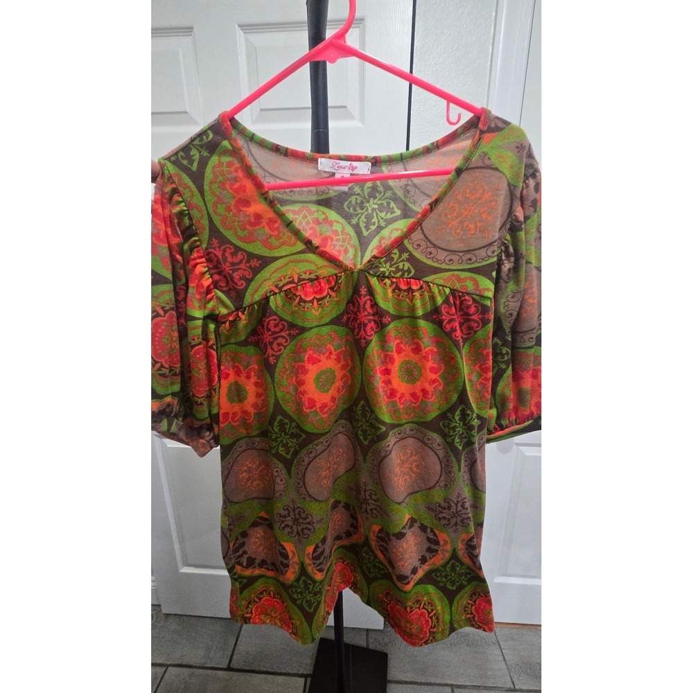 Zena Medallion Print V-Neck Puff Sleeve Empire Waist Top Green Orange Brown M